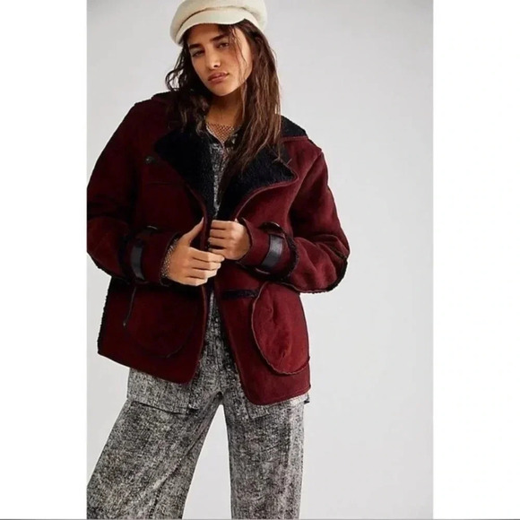 New Free People Cassidy Cozy Jacket Coat Suede Leather Sherpa Oversized Taupe - Picture 9 of 13